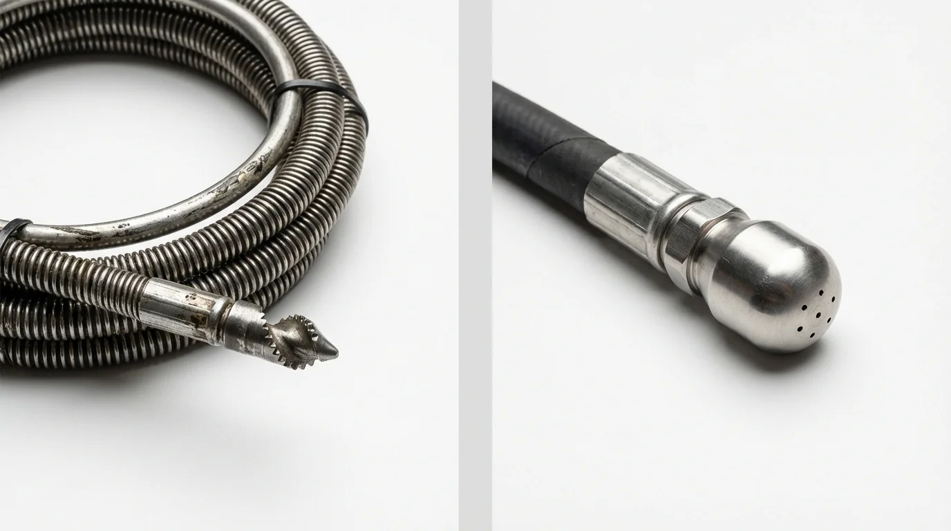 Drain snake cable and hydro jetting nozzle used for drain cleaning in Jacksonville, OR